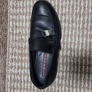 Prada Mens Spazzolato Rois Buckle Loafers Size US10 P9 Black Leather Slip Ons